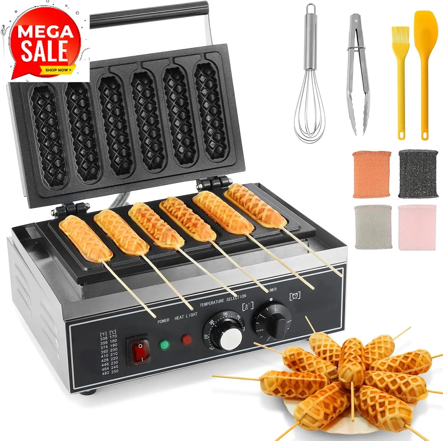 6個焼きコーンドッグメーカー、1550W業務用ワッフルスティ - Corn Dog Stick のレビューと価格